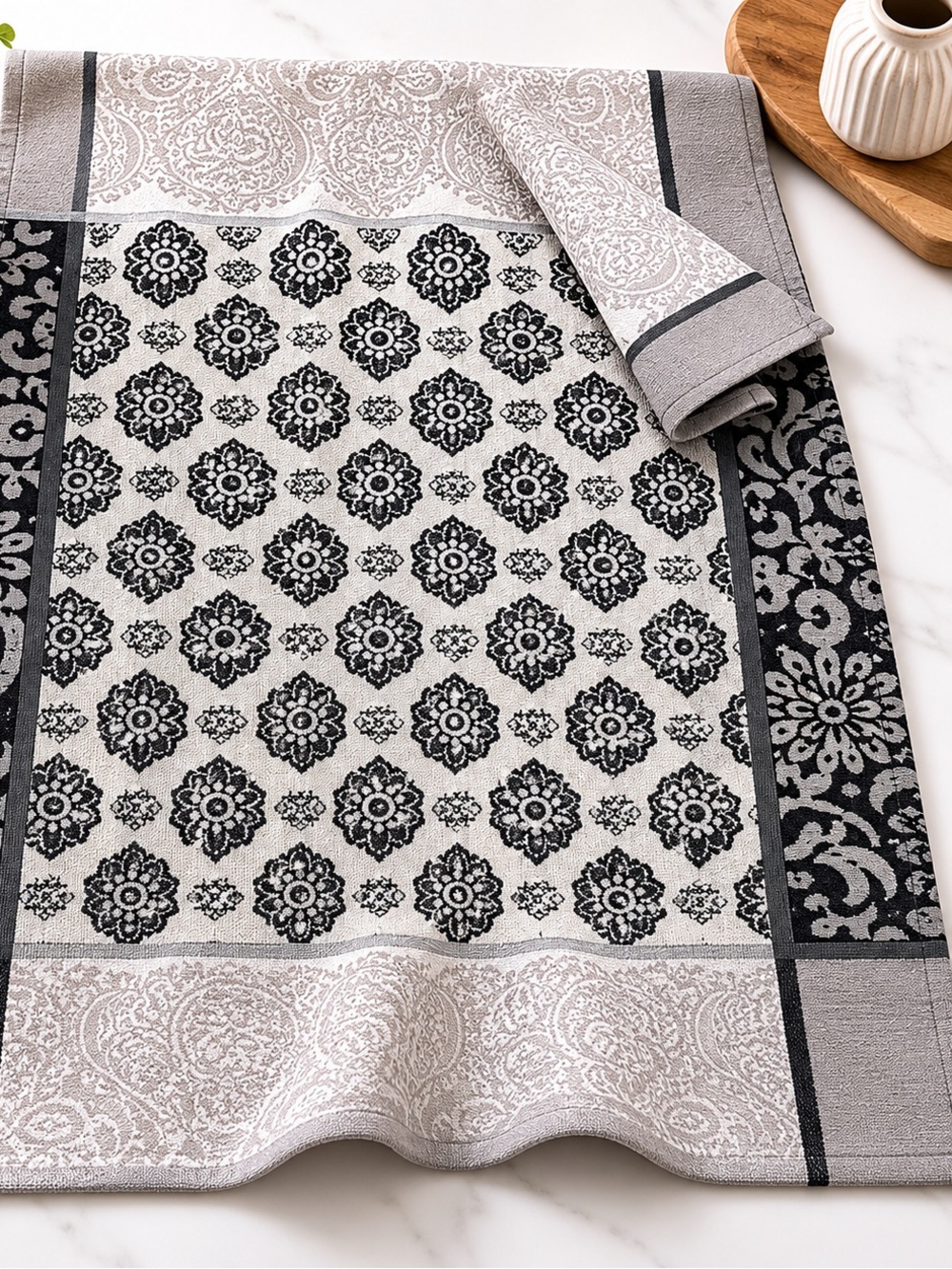 Rare Anthropologie Jacquard Cotton Kitchen Dish Towel Black Gray Floral Boho New